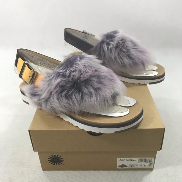UGG Holly Lamb Fur Fluffy Leather Sandal 7 NEW - Picture 2 of 9